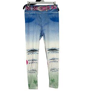 Kids Blue Gradient Leggings Pink Belt Design Faux Distressed Denim Print Size M